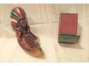 Vintage Ronson Indian Canoe Bookend And Tin Match Box Holder