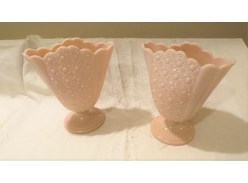 Pair Of Fenton Pink Milk Glass Fan Vases