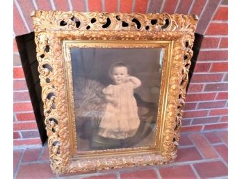 Antique Ornate Gold Frame Baby In Dressing Gown