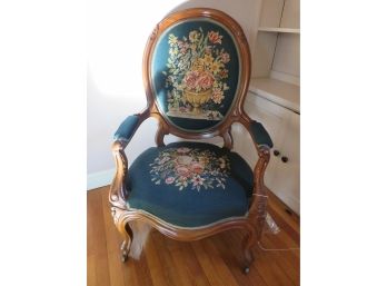 Antique Victorian Carved Wood Needlepoint Parlor Armchair