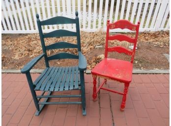 Painted Green Wood Slat Porch Rocker And Vintage Red Chair