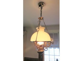 Hanging Brass & Milk Glass Ceiling Chandelier Light