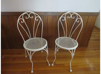 Pair Of White Wrought Iron Cafe Bistro Chairs