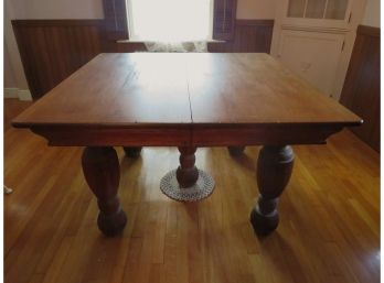 Antique Oak Square Farmer Dining Room Table With 5 Turned Legs