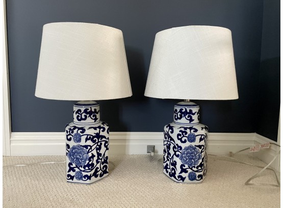 Pair Of Blue & White Ceramic Jar Form Lamps