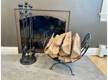 Rustic Metal Fireplace Tool Set  & Log Holder