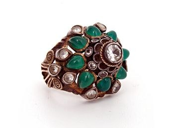 Vintage 14K Yellow Gold, White Sapphire And Green Agate Cluster Temple Ring