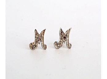 14 K White Gold & Diamond 'M' Stud Earrings, .50dwt