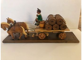 Vintage Hand Carved Wooden Beer Wagon Pulling Hofbrau Kegs Made In Germany
