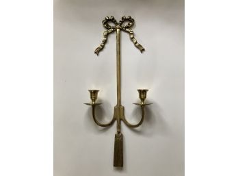 Brass Wall Sconce With Two Candle Holders With Ribbon Top And Tassled Bottom