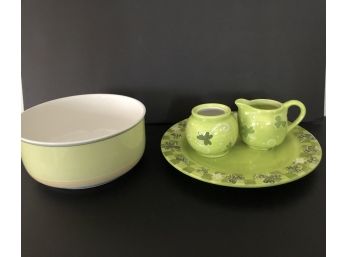 Porcelain Green Platter, Creamer And Sugar Bowl, And A Large Bowl