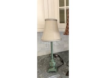 Table Lamp With Green Patina Base And Linen Shade