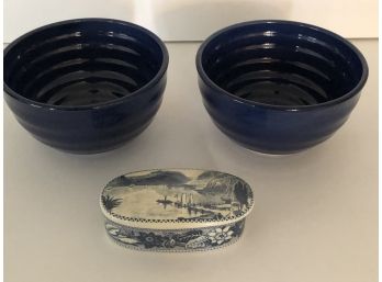 Two Blue Porcelain Bowls And A Trinket Box