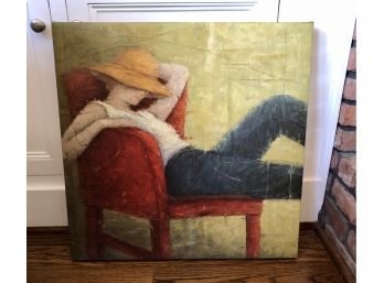 Woman Lounging In A Red Chair On Canvas