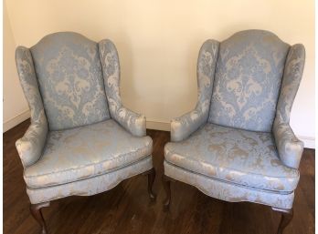 Pair Of Ethan Allen Icy Blue And Gold Wingback Chairs