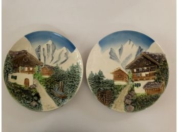 Two 9' Swiss Chalet Scene Wall Hanging Plates West Germany