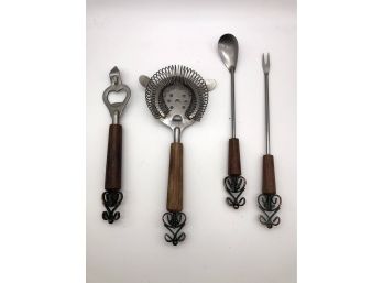 Vintage Ornate 4 Piece Cocktail Set, Stainless Steel And Wood