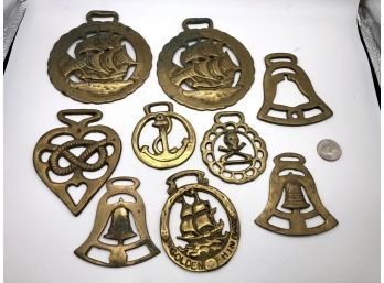 Set Of 9 Horse Brass, Nautical Motifs & Bells