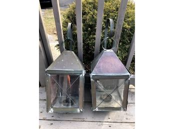 Set Of 2 Vintage Metal Hurricane Lanterns