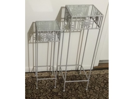 PR. Vintage Wrought Iron Grey Sun-face Pedestals With Glass