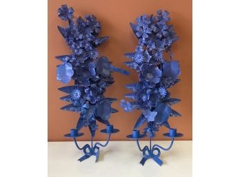 Pr. Iron Flower & Bow Sconces Candlesticks In Bright Blue