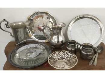 Antique To Newer Silverplated Lot Pitchers, Basket Plus