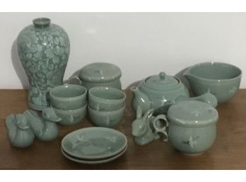 Vintage Porcelain Celadon Sage Green 13 Piece Saki Set