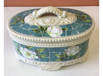 Mosaic Tiled Porcelain Planter With Top Turquoise & Flowers