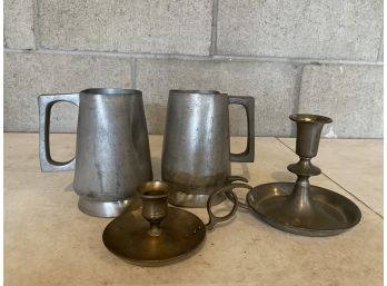 Group Of Pewter Cups And Candle Holders
