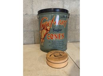 Vintage Sweetheart Sugar Cone Tin And  Ice Cream Parlar Tin