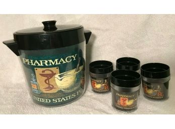 Vintage Thermo-Serv Insulated Plastic Ice Bucket Pharmacy Postage Stamps With 4 Cups