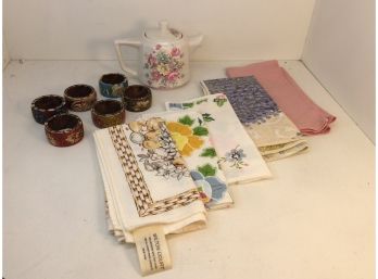 Cloth Napkins, Ceramic Teapot And Hand Painted Wood Napkin Rings