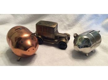 Lot Of 3 Metal Piggy Banks 2 Pigs And A Vintage Truck Copper And Stainless
