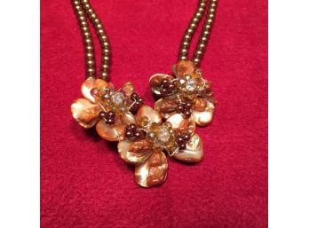 Exquisite Flower Necklace Of Copper Beads, Rhinestones, Other Stones With Bar And Heart Clasp.