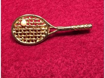 Vintage Gold Tone Tennis Racquet Pin With Pearl Ball.