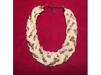 Elegant Vintage Heavy Braided Cream Bead And Gold Choker Necklace.