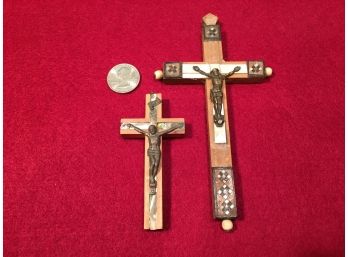 Pair Of Vintage Religious Jesus On The Cross. Brass, Abalone, Mother Of Pearl. Both Stamped Jerusalem.