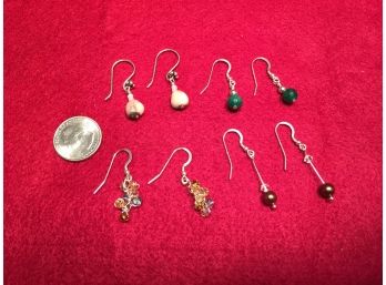 Four (4) Pair Of Sterling Silver And Bead Earrings. Pink, Green, Clear Glass Crystal And Gold.