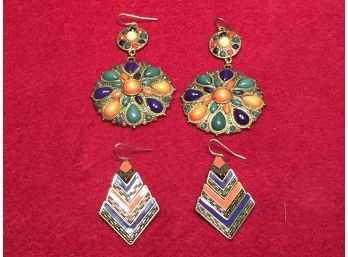 Pair Of Beautiful Vintage 1960s Hanging Earrings. Multi-Color Stone Mandala Earrings. Geometric Multi-Color.