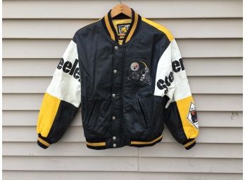 Vintage Carl Banks Pittsburgh Steelers Satin Lined Embroidered Leather Jacket. Size Mens Medium.