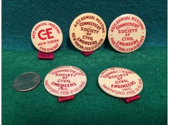 (5) 1920s30s Connecticut Of Civil Engineers In Annual Meeting Pinback Buttons New Haven, Conn. Hartford, Conn