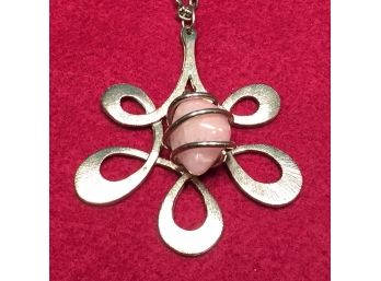 Vintage 1960s Silver Tone Wrapped Pink Quarts Pendant And Necklace.