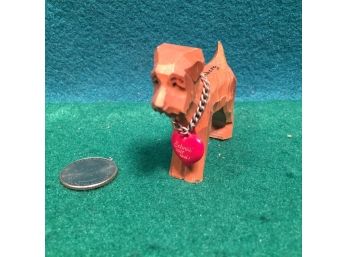 Vintage Carved Wood Terrier. Marked: 'Thiberg' In Germany. Red Heart 'Schreib Mir Mal!' 'Write Me.'