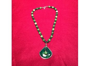 Beautiful Green Stone Beads With Green Stone Pendant. Sterling Silver Clasp.