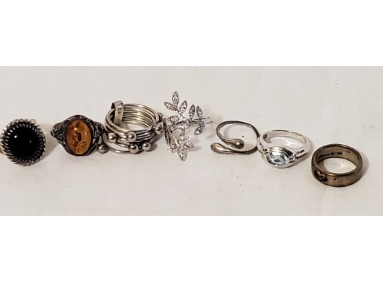 Sterling Silver Ring Assortment, Amber, Onyx, Aquamarine And More