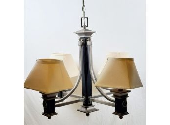 Thomas Kinkade Handsome Brushed Nickel And Leather Four Armed Chandelier.