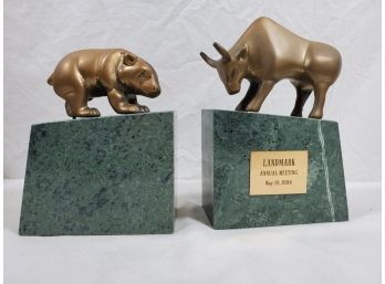 Pair Granite & Brass Bookends Landmark Annual Meeting May 10, 1994 Wall Street Bull & Bear
