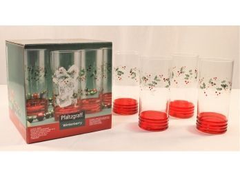 Four Pfaltzgraff Winterberry Christmas Etched & Hand Painted Tumblers In Original Box