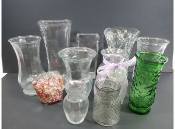 Assortment Of Ten Glass Flower Vases Including  EO Brody Bumpy Green, Glass Marbles