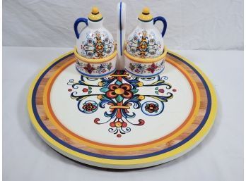 Lazy Susan And Porcelain Oil And Vinegar Cruets With Caddy